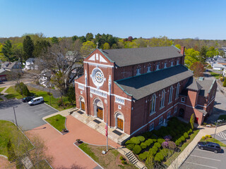 Annunciation of the Lord Catholic Church aerial view at 31 1st Street in Weir Village, city of Taunton, Bristol County, Massachusetts MA, USA. 