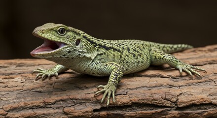 Fototapeta premium Green lizard perched on a wooden branch with open mouth and detailed texture
