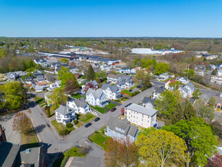 Historic residential buildings aerial view at the center of Weir Village, city of Taunton, Bristol County, Massachusetts MA, USA. 