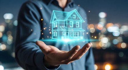 Hand Holding a Digital Glowing House Model, Futuristic Real Estate Concept with City Lights in the Background.