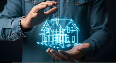 Person's Hands Framing a Glowing Blue 3d House Model, Representing Homeownership, Real Estate, and Security