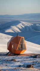 Modern Orange Cabin On Snowy Mountaintop