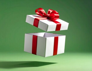 Floating Gift Box with Red Ribbon and Bow Against a Green Background