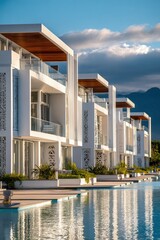 Modern Architecture Resort Buildings With Pool At Sunrise