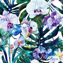 Orchids amidst tropical leaves pattern background. Textile or wallpaper use case