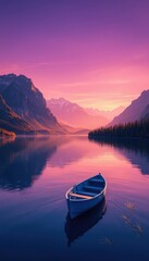 Serene Evening on the Lake A Calm Boat Gently Floats on the Reflective Water as the Sun Sets over Mountains