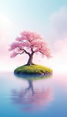 Serene pink flowering tree sits peacefully on a small grassy island reflected beautifully in calm blue waters under a soft, pastel sky