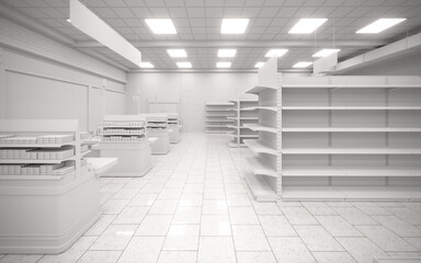 White blank empty 3d supermarket design rendering