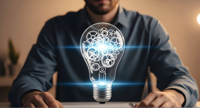 A Businessman's Creative Idea: Light Bulb Filled with Gears and Mechanisms to Represent Innovative Thinking