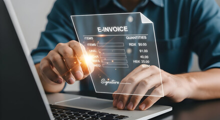 Man Reviewing an E-invoice on Laptop with Glowing Detail and Signature Field, Streamlining Finance Operations Efficiently