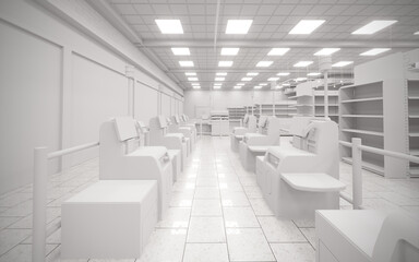 White blank empty 3d supermarket design rendering
