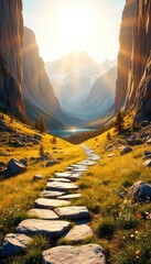 Stone Path Winding Through a Mountain Valley Leading Towards Distant Peaks, with Trees and a Lake Bathing in Golden Sunlight