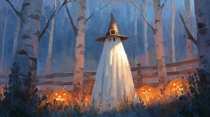 Obraz premium Eerie ghost wearing witch hat among pumpkins in forest at night