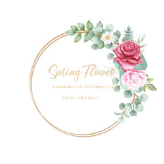 Watercolor flowers rose wreath with golden circle