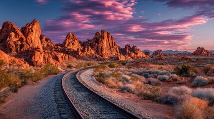 Fototapeta premium Desert landscape railway tracks sunset