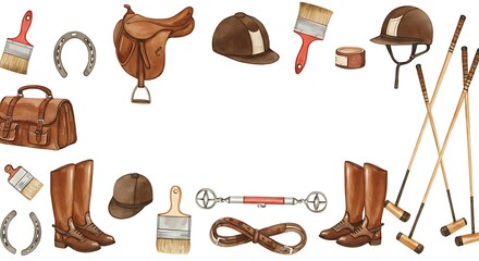 Equestrian equipment illustration watercolor collection of riding gear