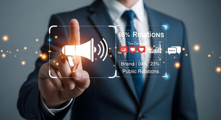 Businessman's Finger Touching Digital Megaphone Icon Representing Public Relations and Brand Promotion