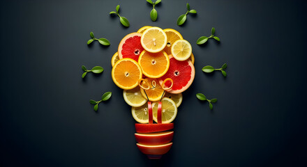 Creative Concept: Sliced Fruits Arranged as a Lightbulb, Evoking Ideas, Inspiration, and Innovation on Dark Background.