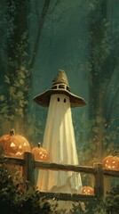 Spooky ghost wearing witch's hat near glowing pumpkins at night