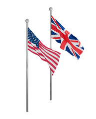 united kingdom and united states flags flying on a flagpole, transparent background, isometric angle