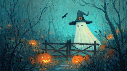 Ghost character with witch hat in spooky forest at night