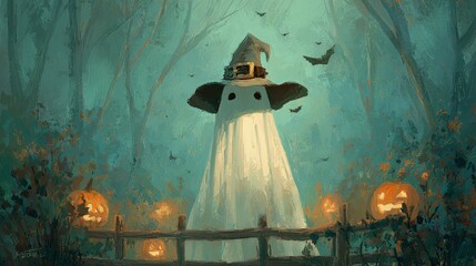 Halloween ghost wearing witch's hat in spooky forest at twilight