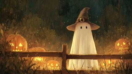 Whimsical ghost in witch hat with glowing pumpkins at night