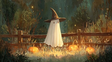 Whimsical ghost in witch hat among pumpkins at night