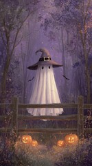 Whimsical Ghost in Witch Hat with Bats and Pumpkins in Forest