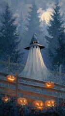 Ghost figure with witch's hat among glowing pumpkins at night