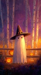 Whimsical ghost with witch hat among carved pumpkins at dusk