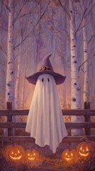 Whimsical ghost in purple witch hat among carved pumpkins