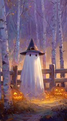 Friendly ghost with pumpkins in enchanting forest clearing