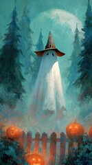 Eerie ghost with carved pumpkins under full moon in forest
