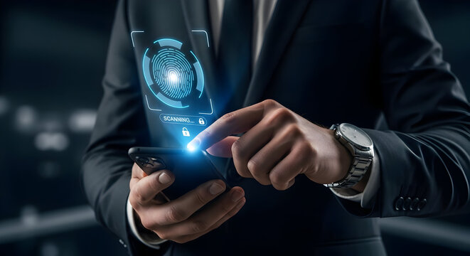 Businessman Using Biometric Authentication on Smartphone: Fingerprint Scan Access for Security and Data Protection