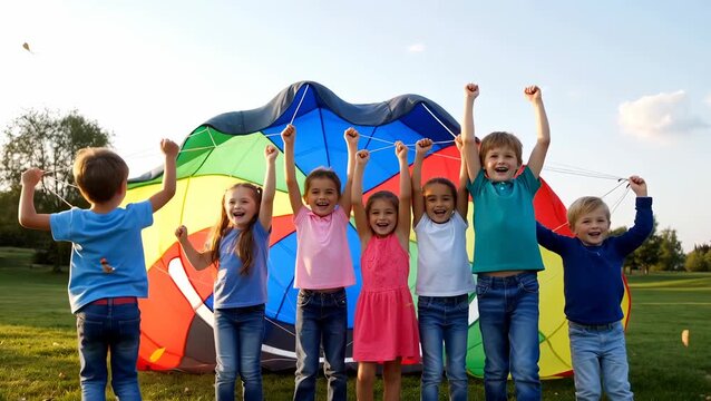 Joyful Children Playing with Colorful Parachute in Sunny Park