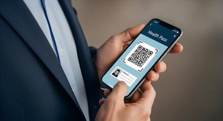 Man Holding Smartphone Displaying Digital Health Pass with Qr Code