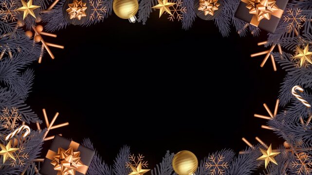 Christmas Frame Border with Gold Ornaments on Alpha Channel