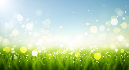 Lush Green Grass with Sparkling Dewdrops and Bokeh Lights Creating a Serene and Dreamy Nature Scene