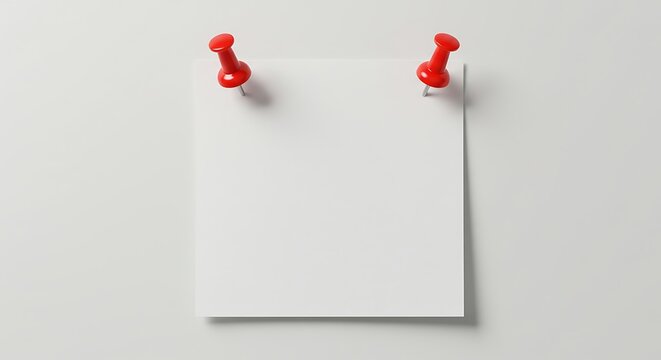 Blank white paper pinned to surface with red push pins copy space