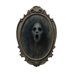 Naklejka premium A photo realistic isolated cut-out of a [halloween haunted mirror], high-resolution, no background, natural lighting, transparent background, no shadow, with space on the edge, in the center