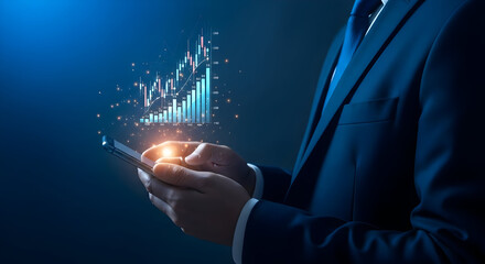 Sophisticated Investor Analyzing Financial Data on Mobile Device for Strategic Decisions and Market Opportunities