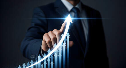 Business Growth Concept: Businessman Touching Ascending Arrow Chart for Financial Success