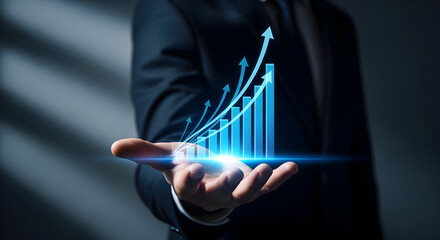 Growth Concept: Businessman Presents Increasing Bar Chart and Arrows for Business Success Vision