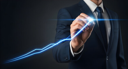 Businessman Drawing Growth Chart with Glowing Blue Light, Symbolizing Success and Financial Rise (80-120 Characters)