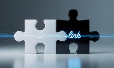 Interconnected Jigsaw Puzzle Pieces Symbolizing Connection with the Word 'link' Between a White and Black Piece