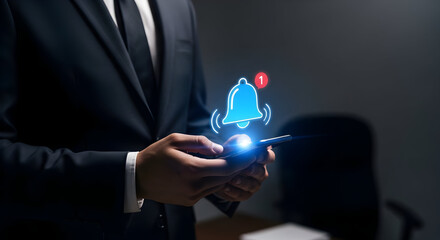 Alert Notification on Smartphone in Business Setting: Man Receives a Mobile Alert with Bell Icon
