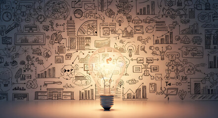 Creative Light Bulb Idea Generation Concept: Concept Visualization with Hand-drawn Sketches on a Lighted Wall