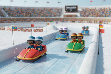 Bobsled cup concept: multiple teams on sleds during a race.