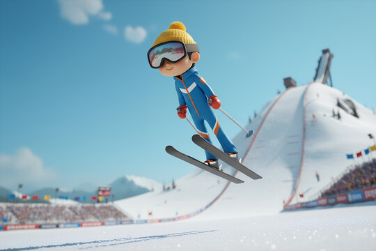 Miniature figure: a ski jumper in flight from a large ramp at a competition.